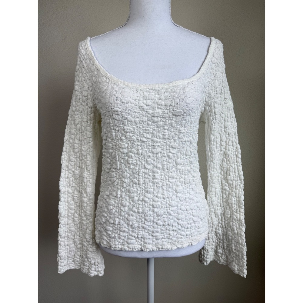 Old Navy Women Textured Lace Scoop-Neck Top L White Bell Sleeve Old Money Y2K